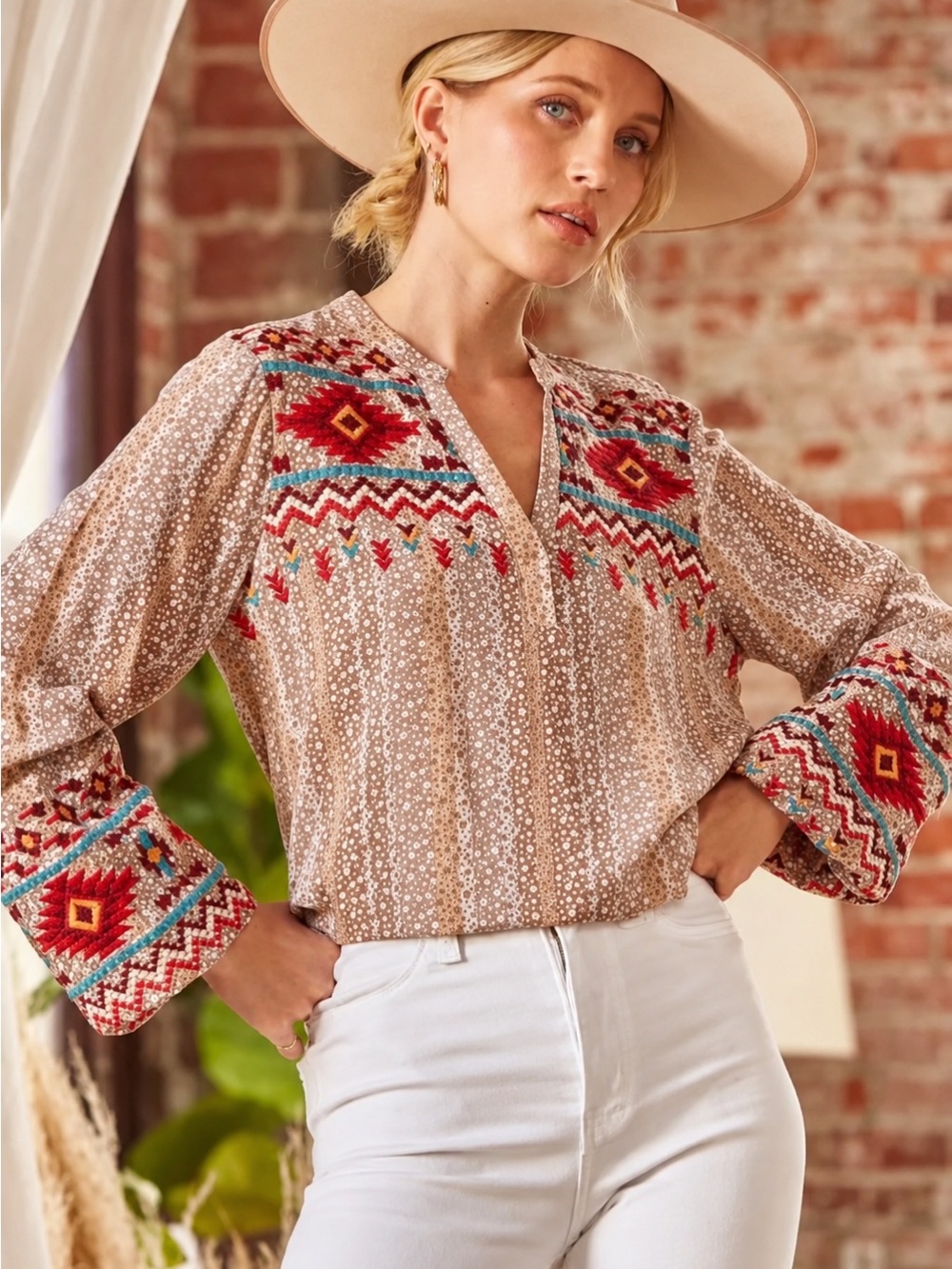 🤎 Savanna Jane Embroidered Southwestern Boho Blouse Taupe Medium